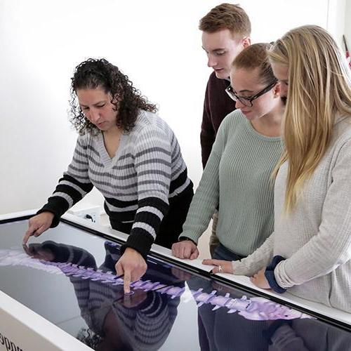 A biology professor works on the digital dissection table with students.